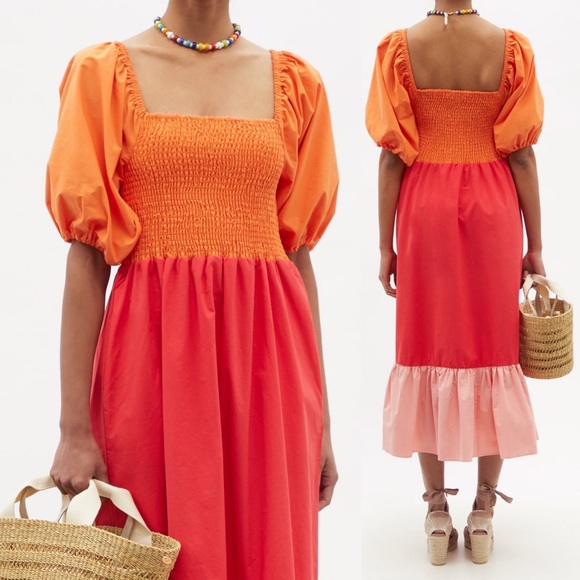 NWT Rhode Eloise Puff Sleeve Colorblocked Midi Dress in Clementine Multi - Picture 3 of 12